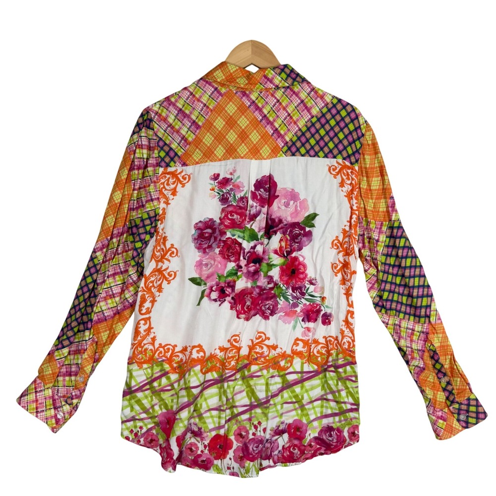 Sharon Young Button Shirt Womens Large Patchwork Plaid Floral Excellent S17408BM